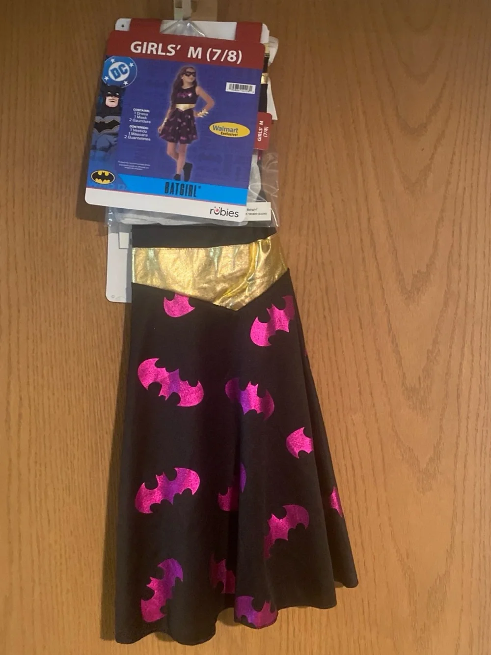 Batgirl Girls' costume with Pink Bat Motif and Gold Waistband